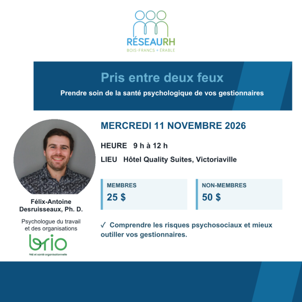 Formation Réseau RH Bois-Francs Érable - Prendre soin de la santé psychologique de vos gestionnaires