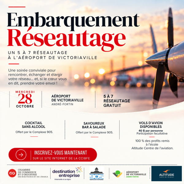 ✈️ Un 5 à 7 réseautage pas comme les autres vous attend à l’aéroport de Victoriaville! 🍹🥗